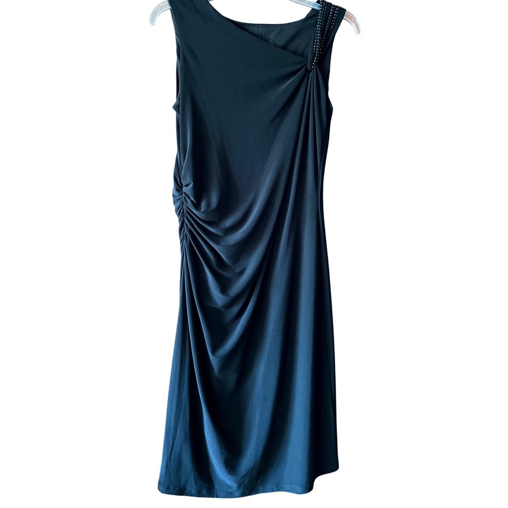 Black Label by Evan Picone Black Embellished Shoulder Ruched Sheath Dress Size 8